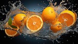 Fototapeta Łazienka - flying fresh orange splashed with water on black background and blur