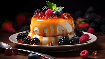 Canvas Print - sweet pudding with fruit topping and melted sweet syrup on a wooden table with blurry background