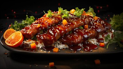 Wall Mural - white rice with teriyaki beef and cut vegetables on a plate with black and blurry background