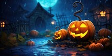 Illustration Of Halloween Pumpkins In The Rain, Generative AI