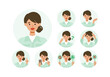 Woman wearing factory worker uniform. Factory worker Woman cartoon character head collection set. People face profiles avatars and icons. Close up image of smiling Woman.