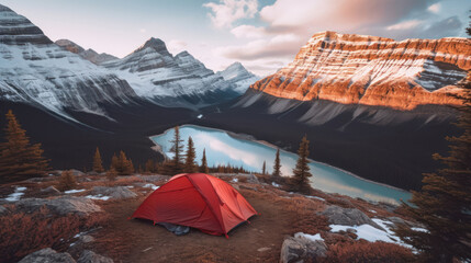 Wall Mural - Camping with red tent to the lake and mountains