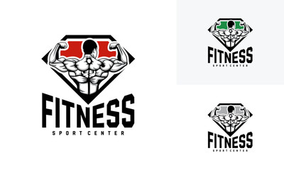 Wall Mural - set of fitness logo badge with muscle man, gymnastic logo template vector, body build logo badge