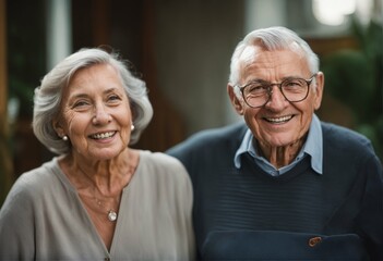 elderly couple smiling and enjoying time together at home