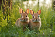 Two Rabbits Sitting In The Grass Near A Tree

