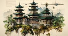 Asian Pagodas Are Seen In This Watercolor Drawing