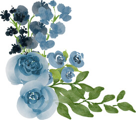 Watercolor blue bouquet corner. Watercolor illustration style with floral theme. Suitable for wedding invitation, aesthetic decoration, social media post, banner, promotion, advertising, etc.