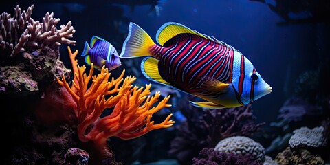 Exploring wonders. Colorful aquarium world. Aquatic paradise. Exotic marine life and vibrant coral reefs. Diving into deep blue. Captivating underwater aquatic scenes