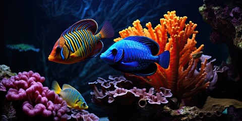 Wall Mural - Exploring wonders. Colorful aquarium world. Aquatic paradise. Exotic marine life and vibrant coral reefs. Diving into deep blue. Captivating underwater aquatic scenes