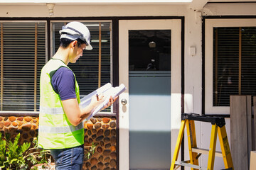 Professional asian male engineer who inspects an old house and its exterior and interior structure prepares to plan analyze, design projects residential renovation project into a modern home.