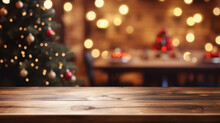 Empty Wooden Table With Christmas Theme In Background