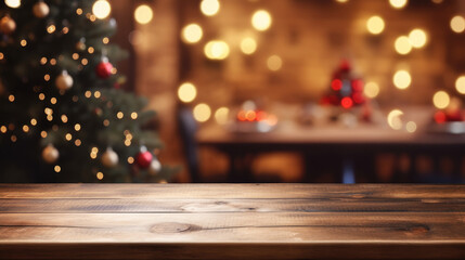 empty wooden table with christmas theme in background