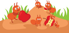 Ants Colony Working Together Bringing Food To Ant Hill Vector Illustration