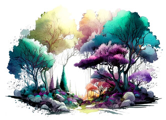 Wall Mural - Watercolour Forest Landscape Scenery