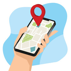 hand holding mobile smart phone with location mobile app.
