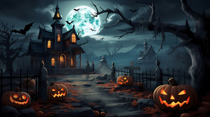 Halloween background with scary pumpkins  and house haunted  in a dark  night.Halloween background with Evil Pumpkin. Spooky scary dark Night forrest. Holiday event halloween banner background concept