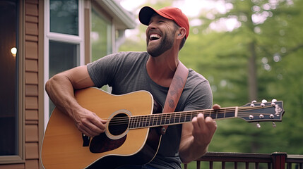 Wall Mural - Man playing acoustic guitar backyard