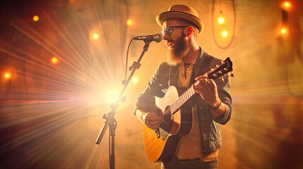 Wall Mural - Popular country music performer with a guitar on a big stage under spotlights