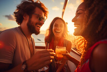 A Man And Two Women Enjoy Relaxing Drinks And Socializing On A Boat At Sunset