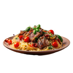 Canvas Print - Pasta with pork ribs tomatoes basil olives and cheese