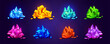 © klyaksun - Treasure gem pile game icon cartoon illustration. Golden, emerald, ruby, amber and sapphire glossy and sparkle nugget stack material. Fancy red, pink, green and blue gemstone mineral clipart set