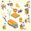 apiculture isometric set with flowers bees beekeeper near hive honey various containers isolated