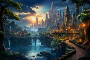 Wall Mural - A Fantasy Landscape with a City on a Cliff at Dusk