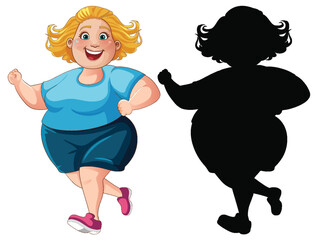 Poster - Overweight Woman Running Cartoon Character and Silhouette