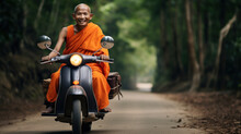 Khmer Buddha Monk Riding Modern Scooter On Countryside Road.