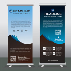 Wall Mural - roll up banner design and vector template. blue and black color , standee banner design, vertical banner, x-banner, standee Template. pull up banner, Brochure, Flyer. abstarct vector illustration