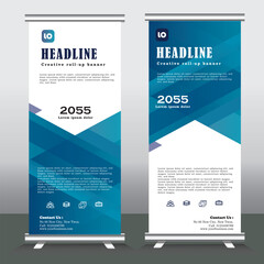 Wall Mural - roll up banner design and vector template. blue color, standee banner design, vertical banner, x-banner, standee Template. pull up banner, Brochure, Flyer. abstarct vector illustration