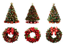 Set Of Elements Christmas Trees Decorations, Christmas Wreath, Isolated On White Transparent Background, Ai Generate