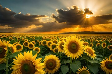 Wall Mural - sunflower field in sunset generated Ai