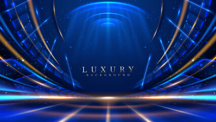 Wall Mural - Blue luxury background with golden line decoration and curve light effect with bokeh elements. Modern art elegant dark scene.