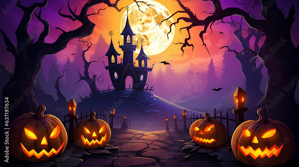 Happy Halloween background with scary pumpkins and castle haunted ...
