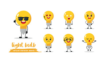 cute light bulb cartoon with many expressions. lamp different activity pose vector illustration flat design set with sunglasses.