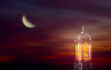Lanterns, Mosques And Domes Of Hope. Arabic Islamic Architecture Islamic Landmark The Crescent Moon And The Starry Sky Of Ramadan And The Month Of Observance And Fasting. On Background Twilight Sky