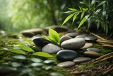 Fototapeta Desenie - Zen stones with bamboo leaves on nature background. 