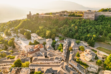 Wall Mural - clock tower in the castle in gjirokaster, albania. view at the town of gjirokastra on albania, unesc