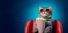 Banner With Cat Watching 3D Movie With Popcorn Sitting In Red Armchair