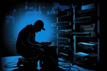 Wall Mural - Silhouette of a thief stealing data from server, hacker, technology security.