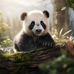 Wall Mural - Giant panda, Ailuropoda melanoleuca, clutching on to a tree. Generative ai