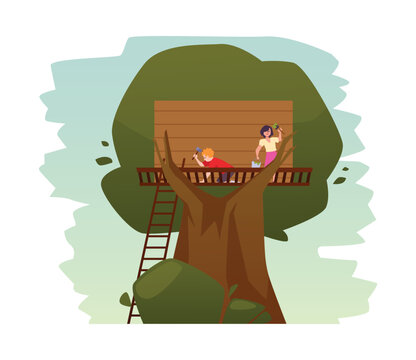 Wall Mural -  - People building tree house on tree trunk, wooden lodge with ladder for kids, vector cartoon construct game treeshed camp