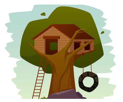 Wall Mural -  - Tree house or toy tree fort for kids play, flat vector illustration isolated.