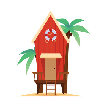 Wall Mural -  - Bungalow with lifebuoy and palm trees, vector cartoon vintage villa for vacation and resort on exotic island, small hut