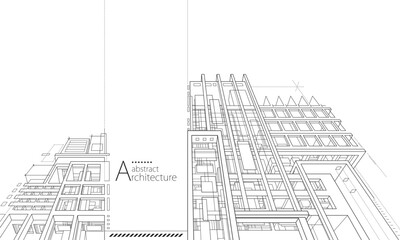 Aufkleber - 3D illustration abstract modern urban building out-line black and white drawing of imagination architecture building construction perspective design. 