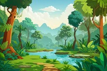 Vector Wild Background Forest Illustration With Cartoon Trees Amp Jungle Scenery Nature Drawing Fantasy