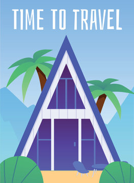 Wall Mural -  - Travel banner or poster with bungalow or beach house flat vector illustration.
