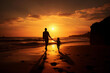 parent and child at sunset, walking in the beach while holding hands, enjoying time together in anture