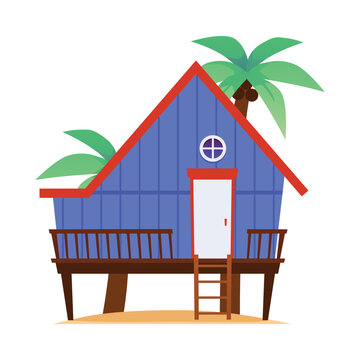 Wall Mural -  - Blue bungalow with lifebuoy and palm trees, vector cartoon isolated vintage villa, summer small stilt hut with ladder